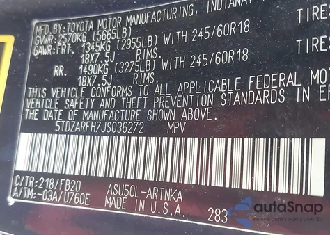 2018 Toyota Highlander Le from USA, damaged, VIN 5TDZARFH7JS036272